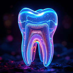 Luminous Dental Anatomy: A vibrant, artistic depiction of a tooth's inner structure, glowing with neon hues against a dark backdrop, showcasing intricate details.