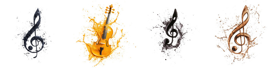 collage of musical elements including violins cellos treble clefs and musical notes in a vibrant splatter paint background representing the beauty emotion