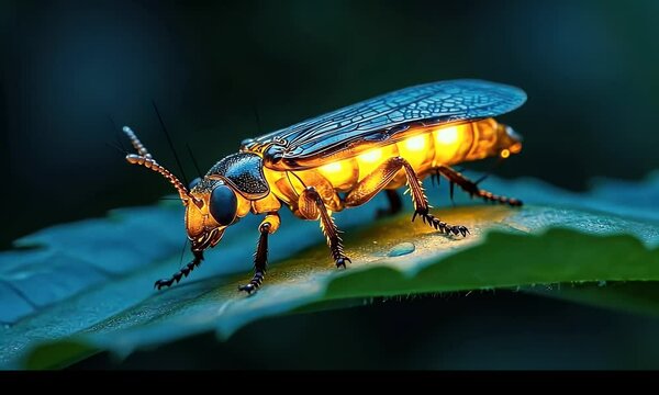 Illuminated insect on dew-kissed leaf at night
