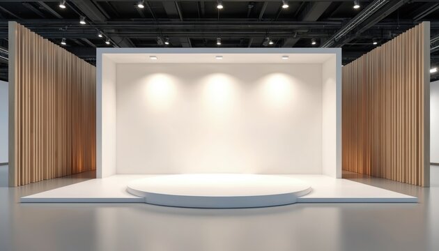 3D trade event mockup of white display booth stand. Blank fair wall and podium. Empty store room for exhibition and presentation front view. Commercial showroom interior design set with lights.