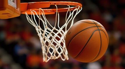 Fototapeta premium A basketball in mid-air above a hoop, about to score.