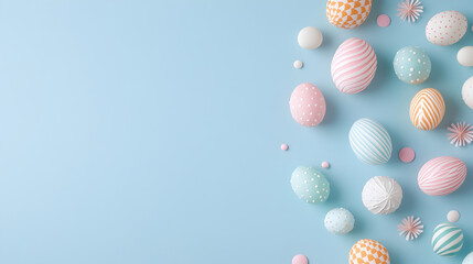 Colorful Easter eggs with creative patterns arranged on a pastel blue background. Perfect for festive greeting cards, holiday branding, and social media posts. Selective focus