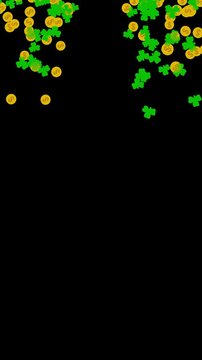Lucky Irish shamrock leaf and gold dollar coins falling on St Patrick's Day. Animated overlay with transparent background alpha