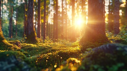 Obraz premium Beautiful spring forest scene with golden sunlight streaming through tall trees. Warm light creates a peaceful and magical atmosphere. Nature, relaxation, meditation and environment background