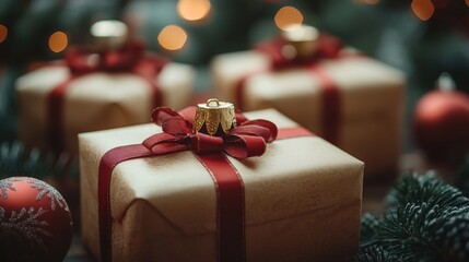 selective focus group of gift box and party ornament merry christmas xmas and new year celebration concepts
