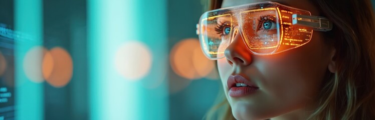 Young woman looks forward wearing hi-tech glasses. Futuristic augmented reality eyewear interface. Cyberpunk concept of future tech, innovative digital connectivity. Advanced illuminated science