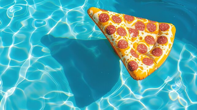 An inflatable mattress in the shape of a pizza slice floats in the clear turquoise water of an outdoor pool on a sunny summer day, poolside party