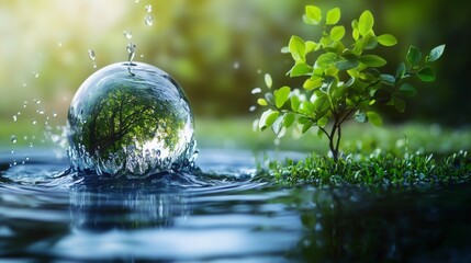 Naklejka premium The Green World in Water Droplets