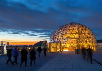 Obraz premium Tourists standing on rooftop during sunset, overlooking illuminated geodesic dome and vibrant city skyline of The Hague, Netherlands