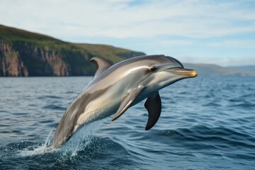 A playful bottlenose dolphin leaping high above the waves with a sparkling ocean backdrop