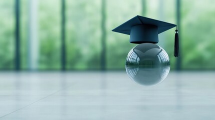 A transparent sphere with a scholarship grant inside, symbolizing educational financial aid. A graduation cap floats above. Concept of scholarships, student support, and academic success