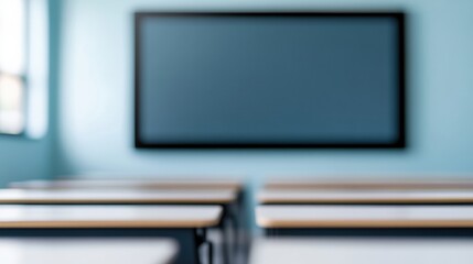 Modern classroom equipped with an AI-powered smart board displaying coding lessons. Empty desks symbolize the future of digital education and personalized learning in schools