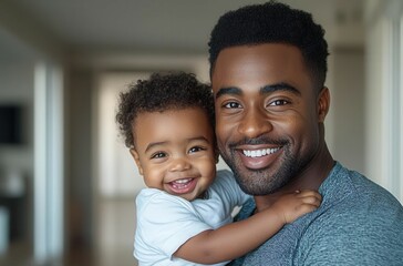 A pop art illustration of an African American man holding his son, both laughing and having fun, with a blue background and yellow highlights, copy space, commercial use