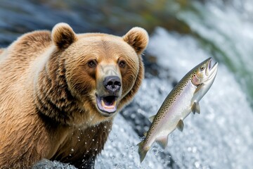 Obraz premium A powerful grizzly bear catching a salmon in mid-air as it leaps up a rushing waterfall