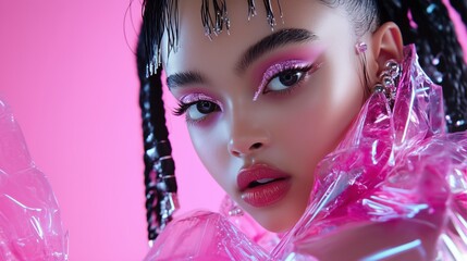 Fashion Portrait Featuring Vibrant Pink Makeup and Stylish Accessories