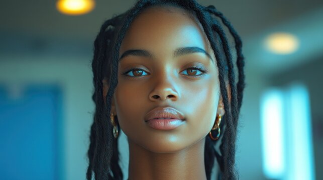 Close-up portrait of a young Black woman with locs, gazing directly at the camera.