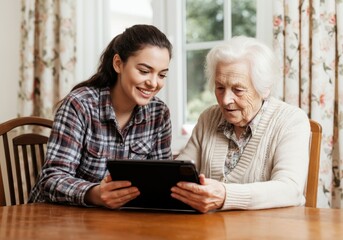 Female social worker helping senior woman learn digital technology, supporting tablet navigation and bridging generational communication gap through patient technological guidance