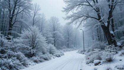 Obraz premium The winter season envelopes nature with its quiet and otherworldly ambiance, as snow covering the surroundings in a peaceful and mysterious display of white and gray.