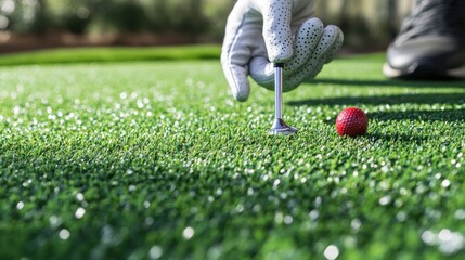 A golf glove, divot repair tool, and a golf ball marker on an artificial turf.