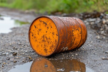A rusted industrial barrel leaking an unknown toxic substance onto the ground