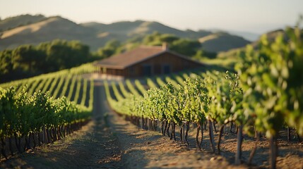 Fototapeta premium Vineyard rows leading to rustic cabin at sunset