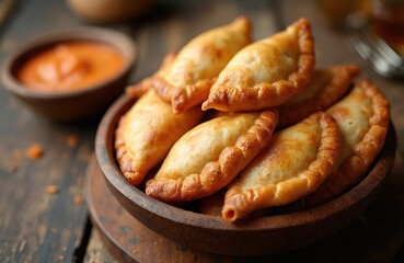 Pile of golden empanadas served in wooden bowl on rustic table. Savory hand-held pies made with corn flour dough, filled, fried. Traditional Latin American cuisine. Delicious snack with rich taste,