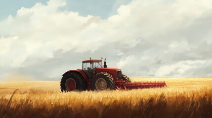 Obraz premium Agricultural landscape showcasing a red tractor plowing a golden wheat field