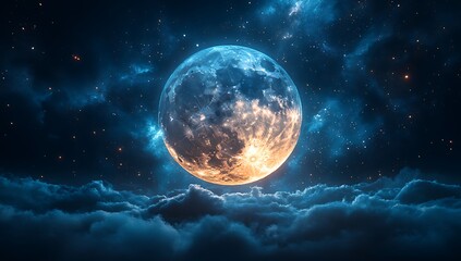 Obraz premium Luminous Moon Glowing Amidst a Starry Sky with Soft Clouds