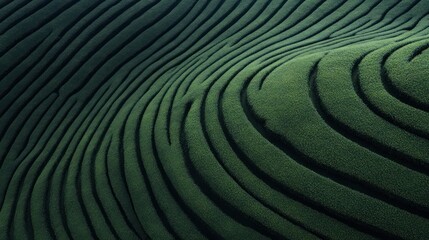 Aerial view of rolling green hills with curved lines.