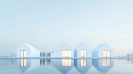 Fototapeta premium Modern white houses reflect in calm water at dusk; architectural design