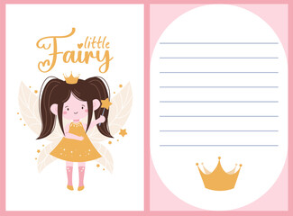  Little fairy template set. Cute princess fairy with black hair with crown, beautiful wings and magic wand. Pink template for girls.