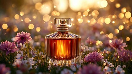 A luxurious amber perfume bottle radiating warmth and elegance surrounded by delicate floral blossoms in a golden ethereal bokeh light