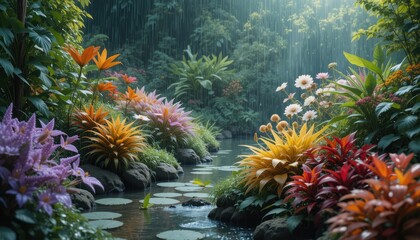 Obraz premium The genuine rainy garden evolves into a bright sanctuary of life as water and plants perfectly combine, resulting in a magnificent array of colors and textures.