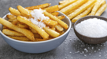 Crispy golden fries topped with salt in bowl, served with extra salt