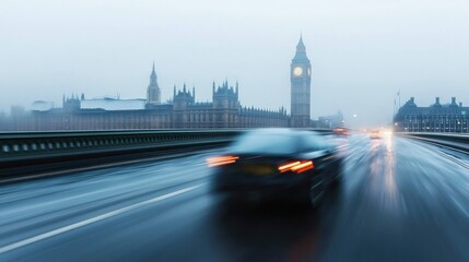 Naklejka premium Blurry cars driving on wet road with Big Ben and Houses of Parliament in foggy London background.