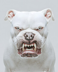 Obraz premium Portrait of powerful angry white Pitbull dog showing teeth isolated on white. Aggressive pit bull terrier type dog snarling at the camera with sharp teeth