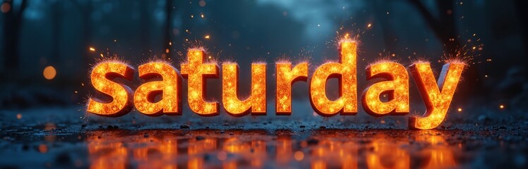 Illuminated saturday sign in fiery orange color, sparks. Word reflection on surface. Weekend vibes, festive atmosphere, enjoy night out, entertainment. Promo for party, gathering, event, celebration,