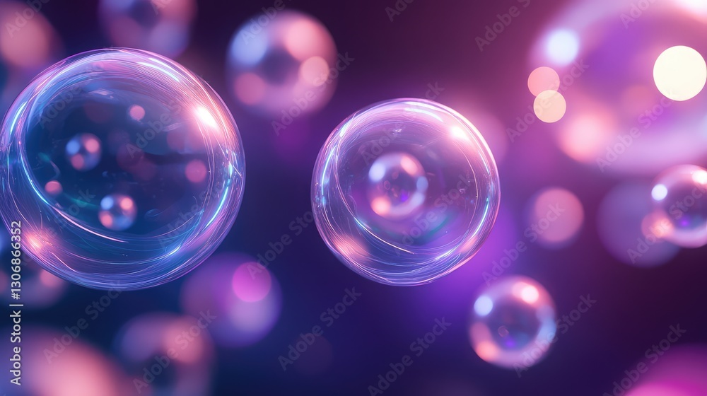 Poster abstract floating neon spheres with a dark gradient background, glowing futuristic lights creating a