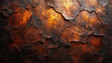 Oxidized copper metal texture with rich, dark brown and orange hues, showing deep cracks and crevices.