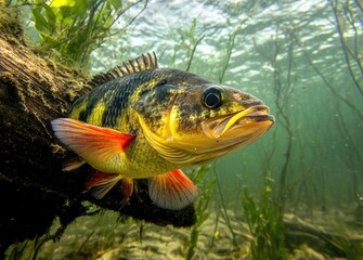 Naklejka premium A perch swims gracefully among aquatic plants in a river, showcasing its vibrant stripes and predatory stance while searching for food in a natural habitat