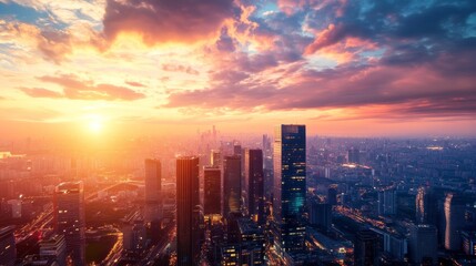 Obraz premium Sunset over city skyline with glowing skyscrapers, urban and dynamic, modern and sleek, ultra-detailed, 4k