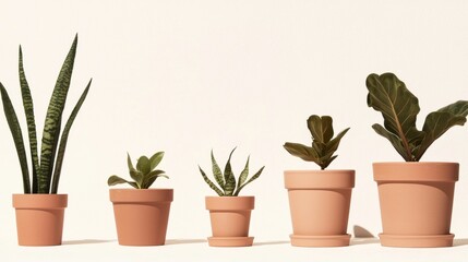 Group of five potted plants arranged in a row on a white background. the plants are of different sizes and shapes, with the largest one on the left being a snake plant with long, thin leaves.