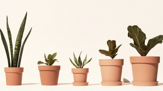 Group of five potted plants arranged in a row on a white background. the plants are of different sizes and shapes, with the largest one on the left being a snake plant with long, thin leaves.