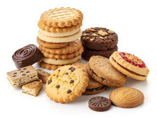 An enticing assortment of cookies and biscuits, beautifully arranged and isolated on a clean white background.