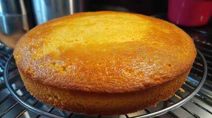 Freshly baked cake resting on a rack cooling down, ready for icing and decoration delight
