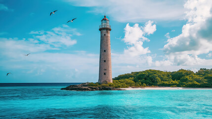 Lighthouse on the island in the ocean with seabirds flying in the sky, perfect summer vacation diving destination, professional travel photography, landscape poster, travel poster