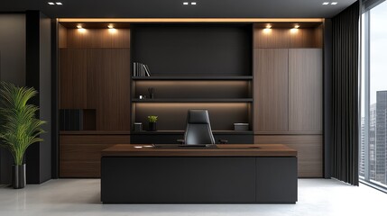 A chic office space with contemporary furniture and ample space for adding copy or design on the wall.