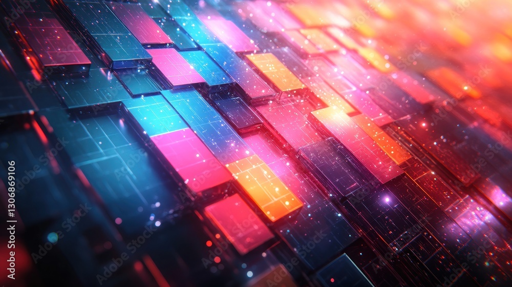 Wall mural abstract colorful digital background with glowing squares and lines.