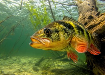 Fototapeta premium A perch swims gracefully among aquatic plants in a river, showcasing its vibrant stripes and predatory stance while searching for food in a natural habitat