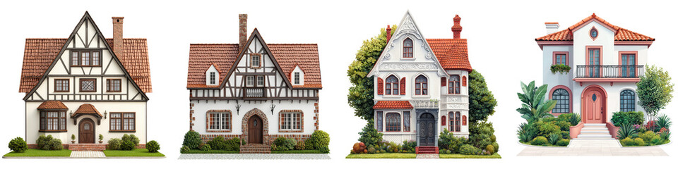 Collection of Charming European Historic Residential Houses with Traditional Tudor Architecture Styles Surrounded by Lush Garden Landscapes in Scenic Village Countryside